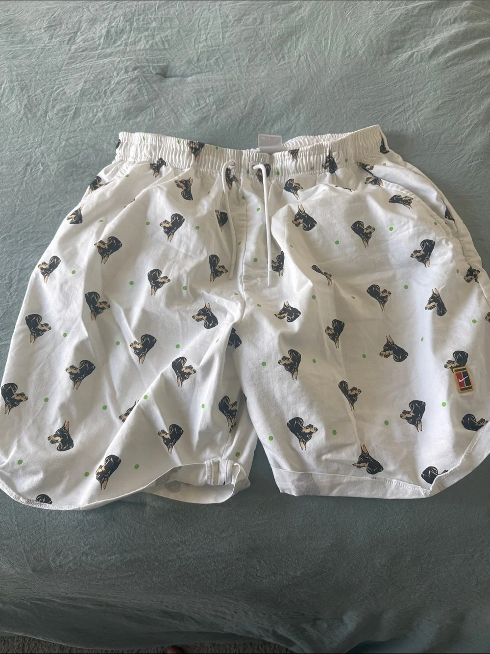 Nike White Men's Athletic Shorts with Black Dog Print and Lime Dots